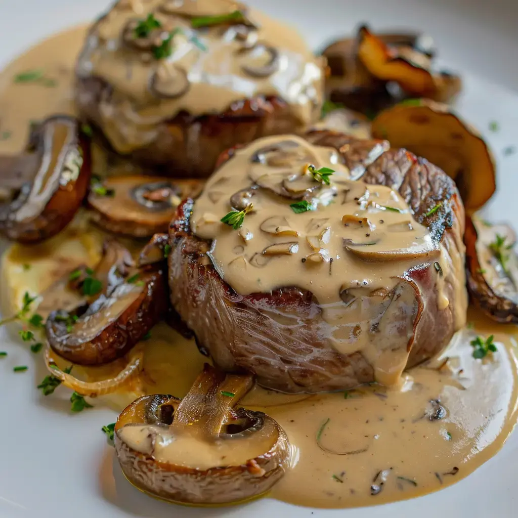 Deux morceaux de filet mignon arrosés d'une sauce onctueuse aux champignons, entourés de fines tranches de champignons et d'herbes.