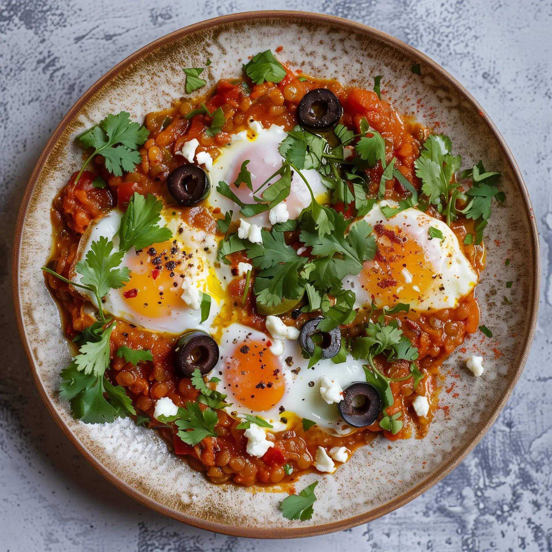 Un bol de lentilles épicées accompagné d'œufs pochés, des olives et des herbes fraîches, servi prêt à déguster.