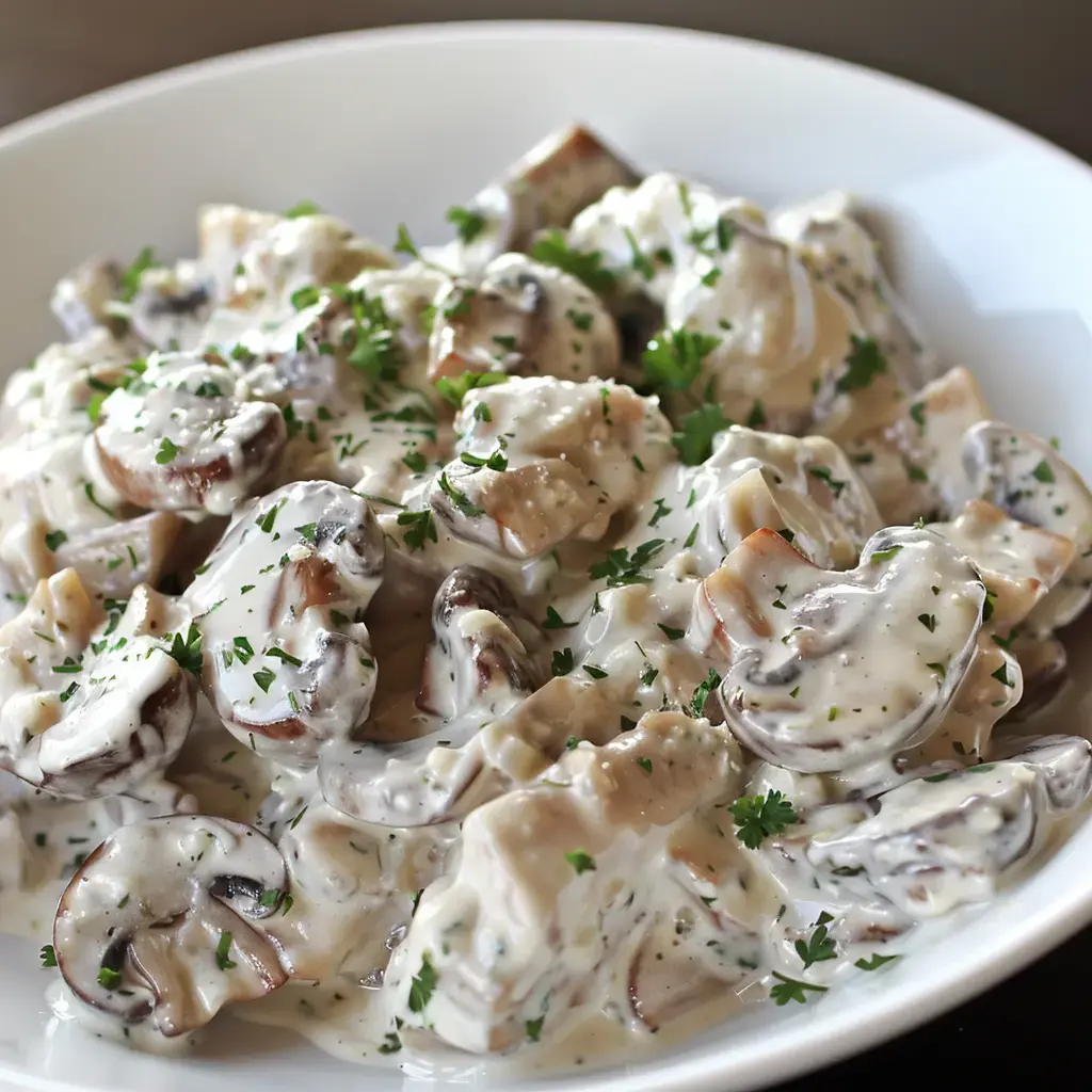 Des champignons nappés de crème avec du persil frais dans un bol élégant.