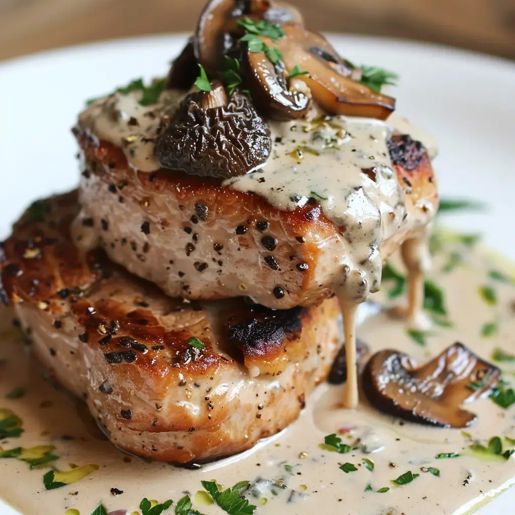 Deux morceaux de porc recouverts d'une sauce aux champignons crémeuse, décorés de persil frais.