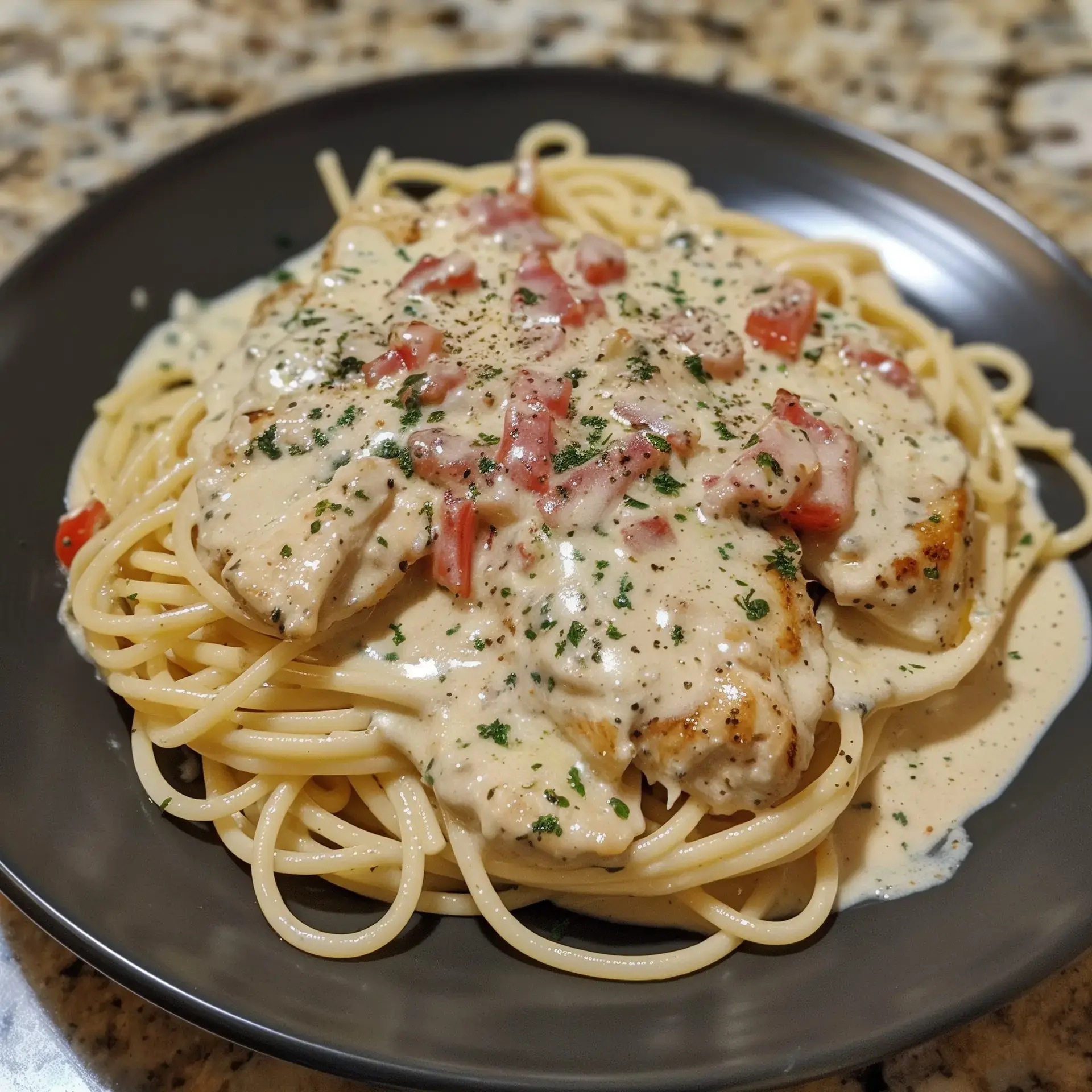 Assiette de pâtes et poulet croquant nappés d'une sauce crémeuse au fromage, tomatée et persillée.
