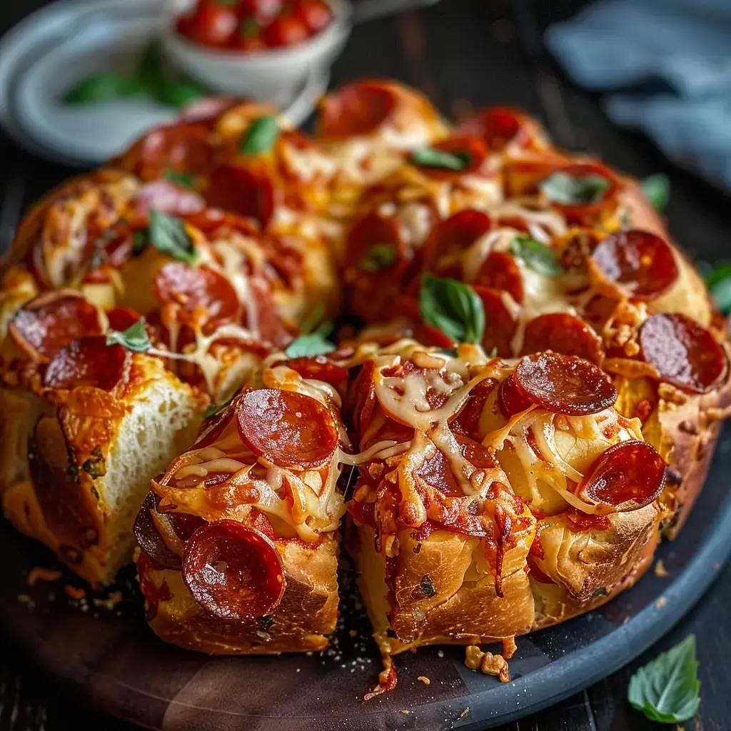 Pain extra moelleux à l’ail, garni de pepperoni fondant et fromage coulant, servi avec quelques tomates cerises.