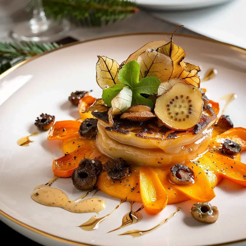 Un plat élégant de couches de pommes de terre, avec des garnitures croquantes et une sauce savoureuse, présenté sur une belle assiette.