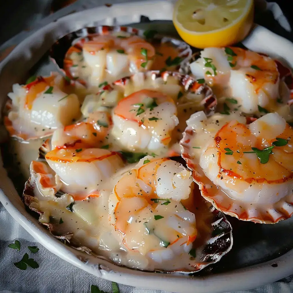 De belles coquilles Saint-Jacques servies avec une sauce crémeuse et garnies de persil, accompagnées d'un citron.