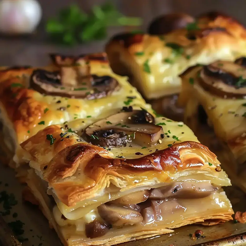 Champignons grillés et fromage coulant enveloppés dans une pâte dorée, ornée de fines herbes.