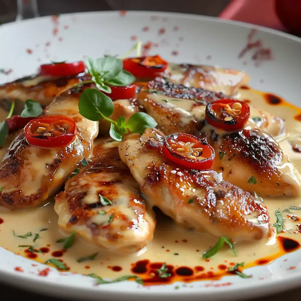 Des morceaux de poulet dorés recouverts d'une sauce crémeuse, accompagnés de piments rouges et herbes fraîches.
