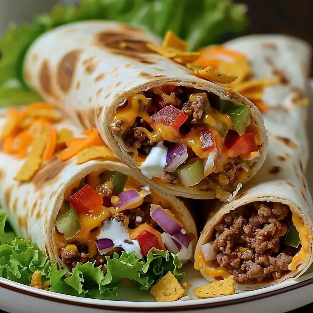 Wraps avec bœuf haché, fromage fondu, plein de légumes frais et crème déposée dessus sur un lit de salade.