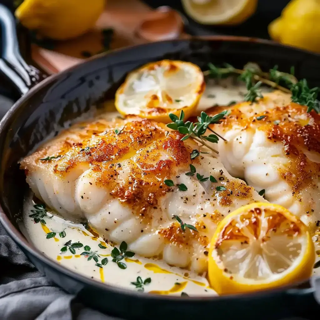 Un plat de cabillaud servi avec une crème citronnée, décoré de tranches de citron et de thym frais.