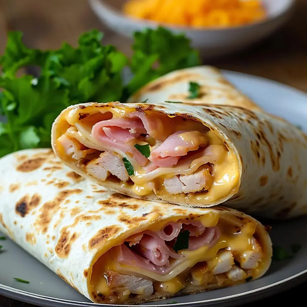 Wraps bien garnis avec morceaux de poulet, jambon, fromage fondu et un peu de salade verte.