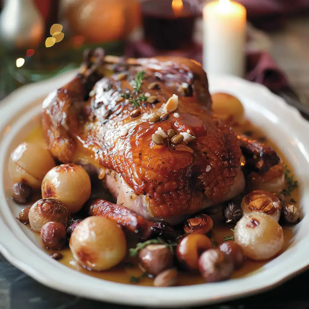 Volaille dorée, petits oignons et noix baignés dans une sauce gourmande.
