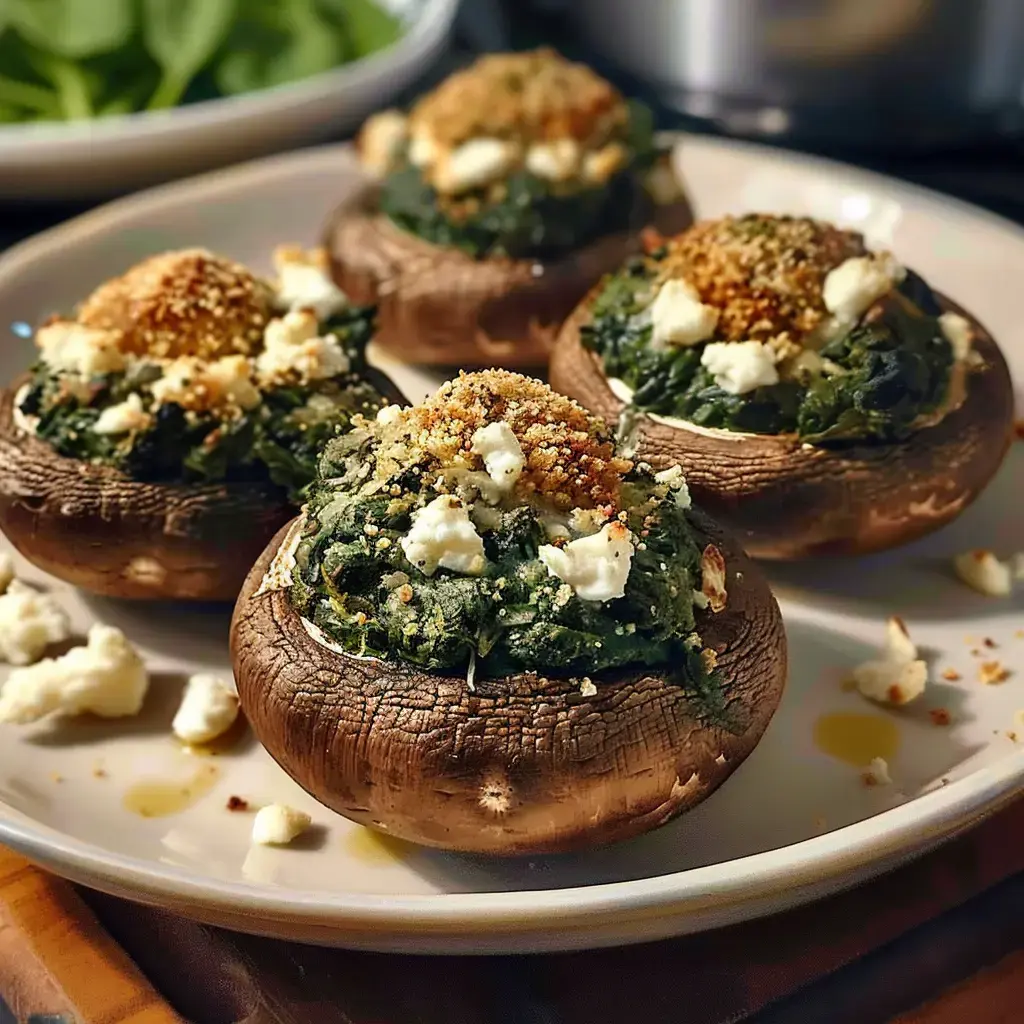 Champignons aux épinards et fromages, chapelure dorée, sur une assiette conviviale.
