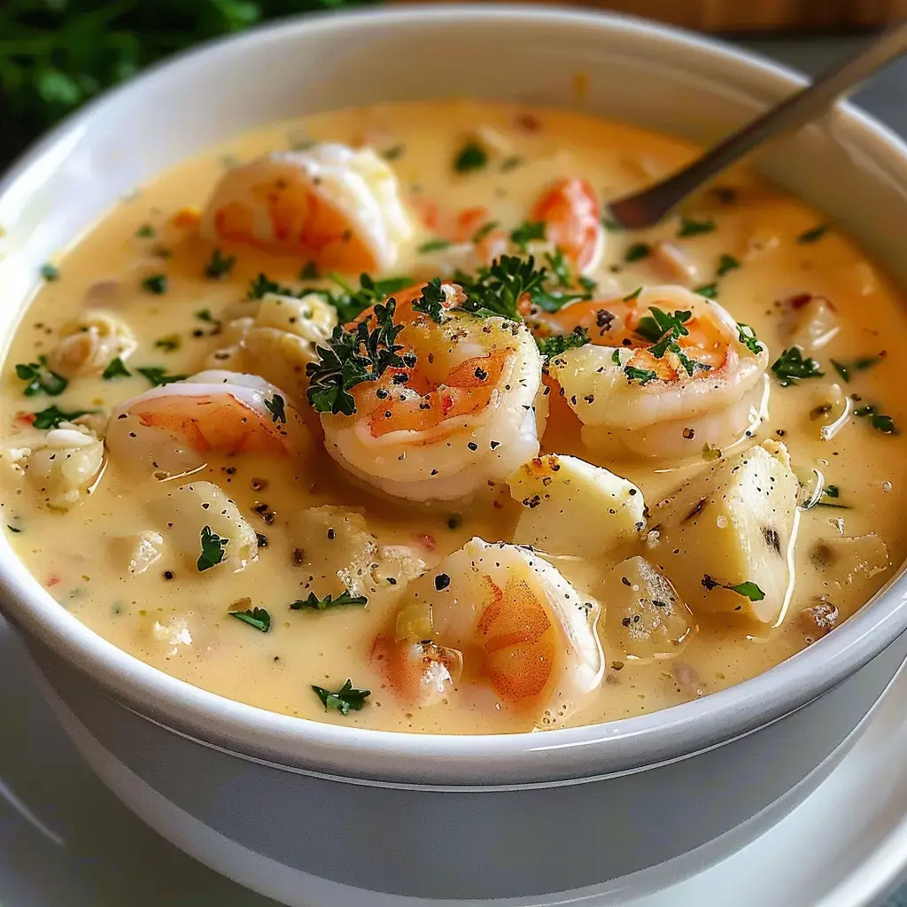 Bol de soupe onctueuse aux crevettes, pommes de terre, persil et poivre.