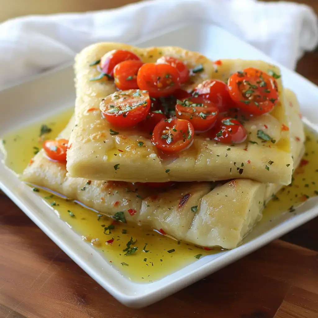 Une belle focaccia parsemée de tomates cerises avec des herbes, présentée sur une assiette huilée.