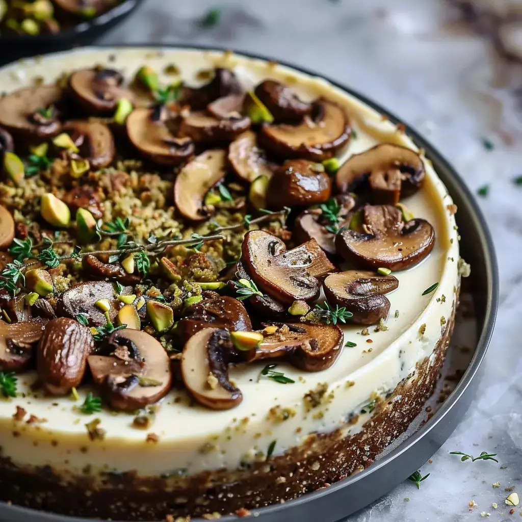 Un gâteau moelleux garni de champignons sautés, de pistaches et couvert de thym frais sur une base dorée.