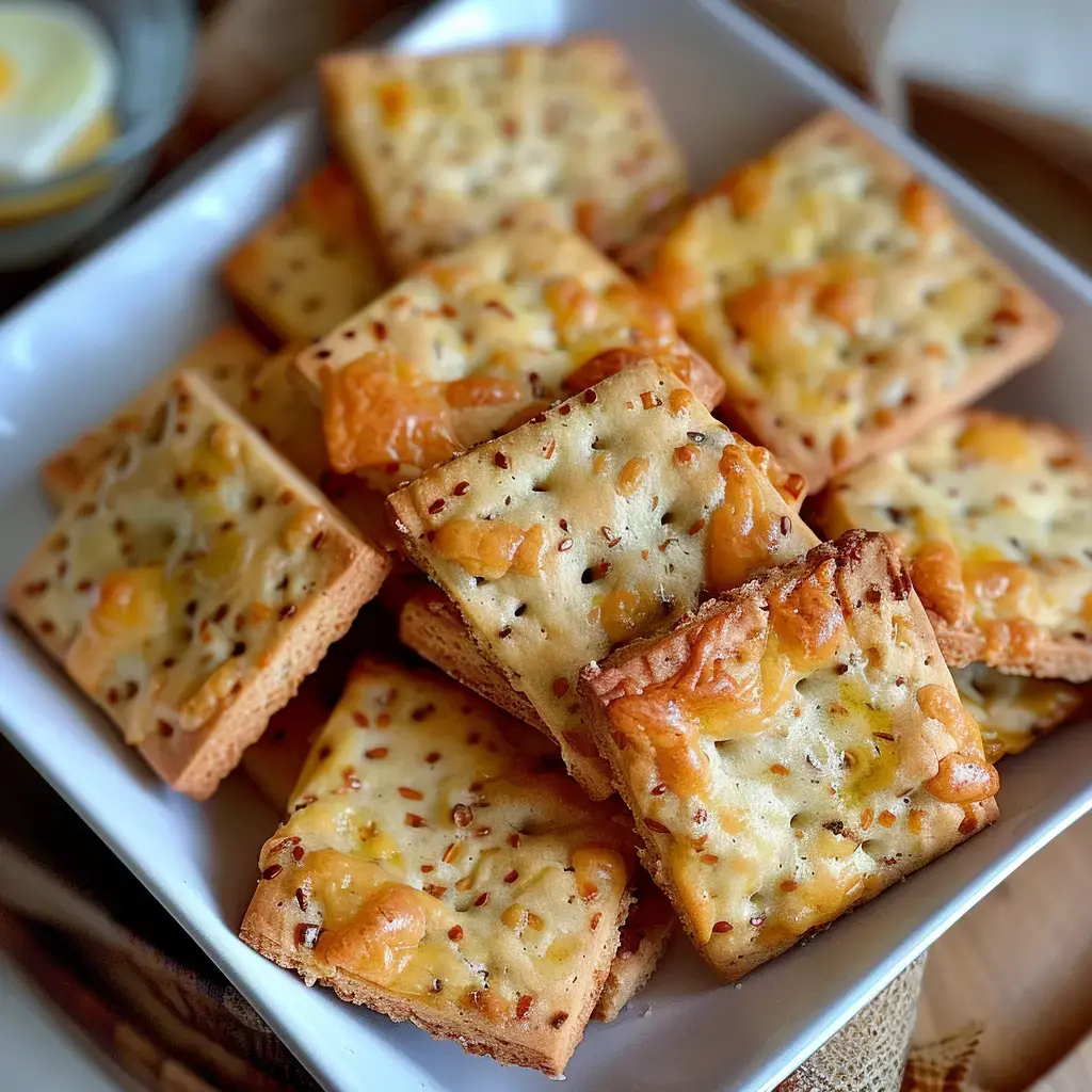 Petits sablés dorés au fromage et graines, servis dans un plat blanc.