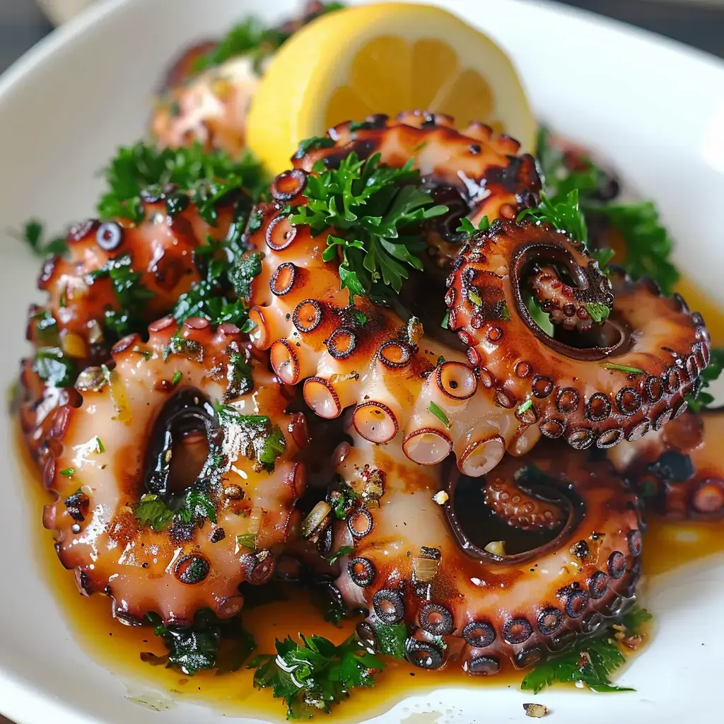 Morceaux de poulpe grillé sur assiette, persil frais et citron à côté.