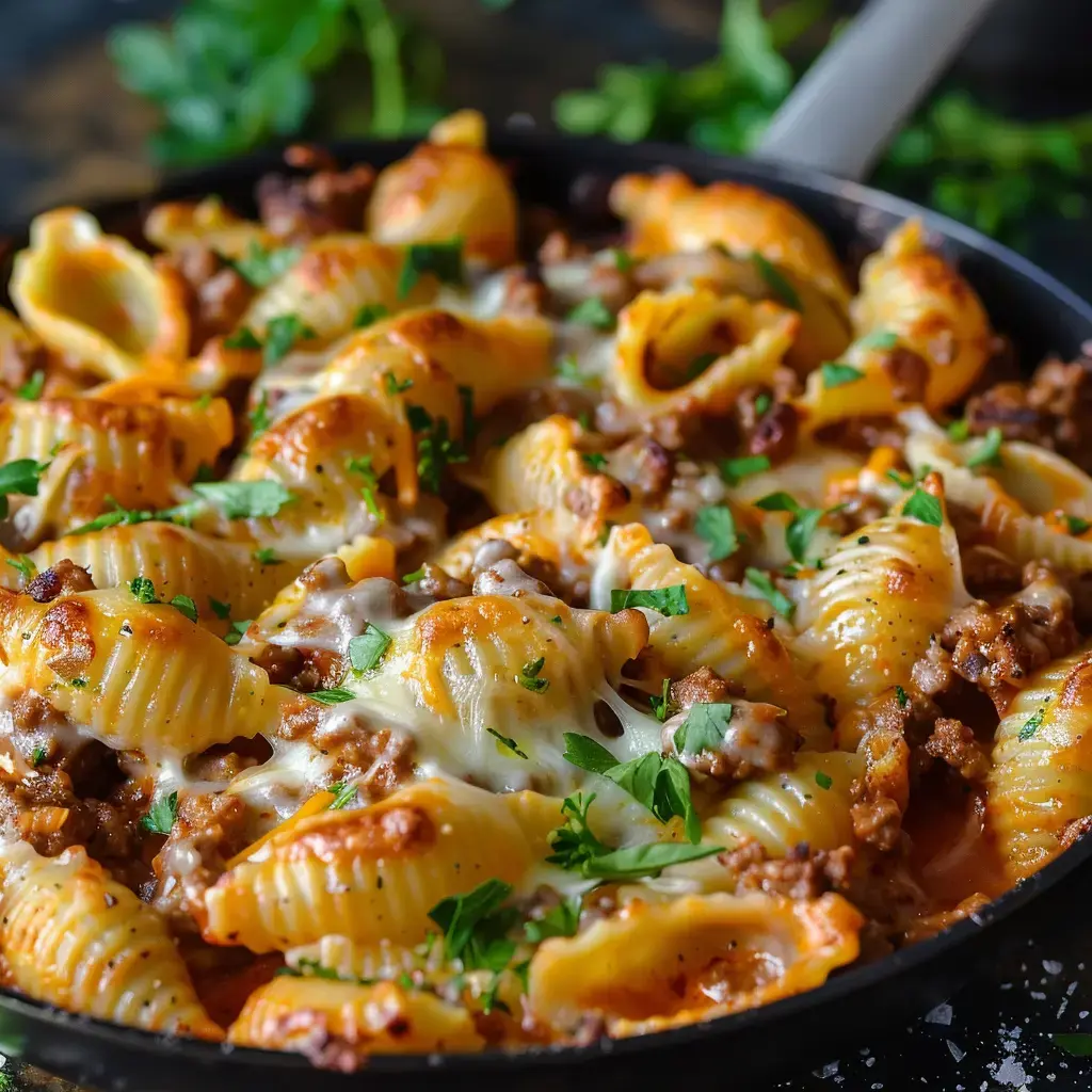 Coquilles avec viande hachée, fromage coulant et persil sur le dessus dans une poêle.