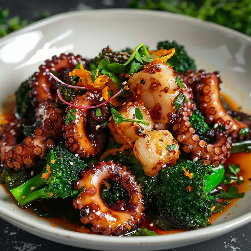 Poulpe rôti et broccolini, zestes d’orange, herbes fraîches, dans une sauce pleine de peps.