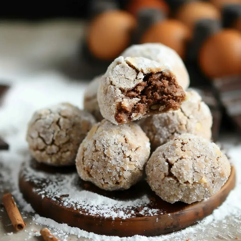 Des boules sucrées couvertes de sucre glace s’empilent sur une assiette en bois, un biscuit coupé laisse voir le cœur chocolaté.