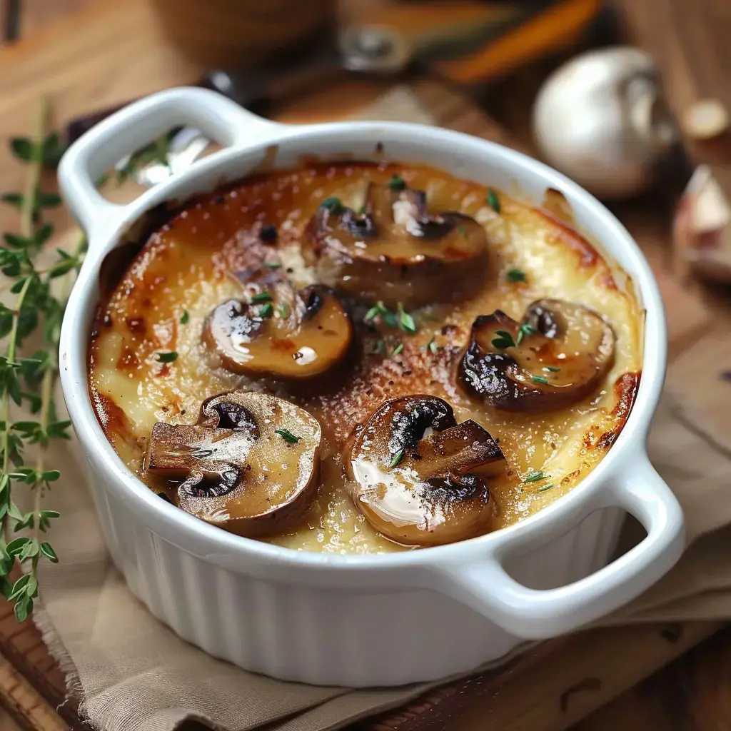 Un plat blanc en céramique avec une couche gratinée dorée, plein de champignons et des herbes, tout juste sorti du four.