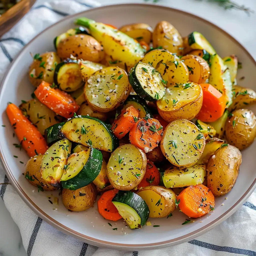 Plat coloré de patates, carottes et courgettes rôtis avec un peu de thym et du poivre dessus.