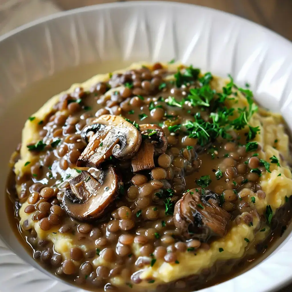 Assiette de lentilles nappées de sauce, avec des champis en tranches et une purée onctueuse, le tout décoré de persil frais.