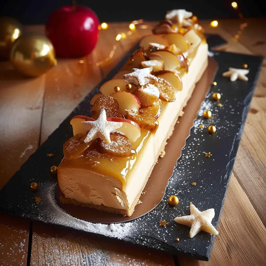Un dessert de fête avec pommes, caramel, étoiles et une touche dorée. Présenté sur une assiette noire élégante.