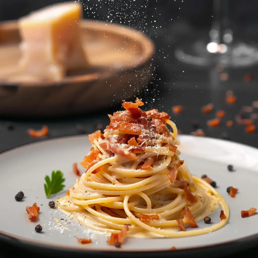 Des spaghetti nappés de fromage fondant et de fines tranches de charcuterie grillées, servis avec un brin de persil sur une grande assiette blanche.