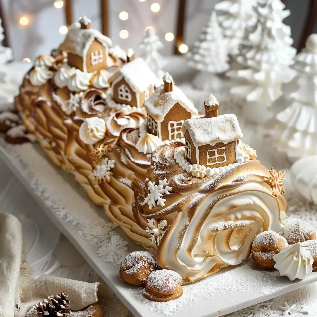 Un gâteau roulé façon bûche, décoré de biscuits maisons en pain d’épices et de neige en crêpes, posé dans une scène festive.