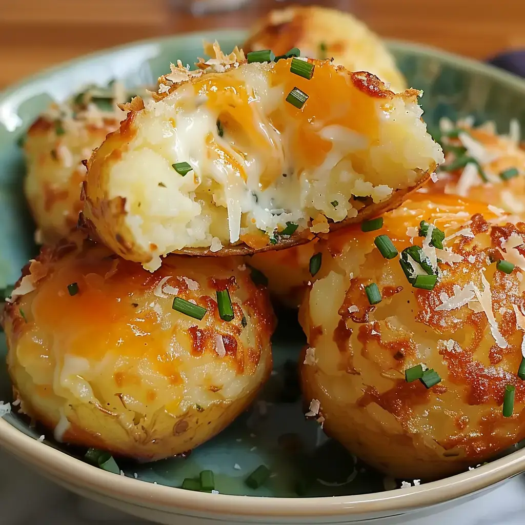 Petites boules dorées de pommes de terre au fromage fondu et ciboulette, servies sur une assiette.
