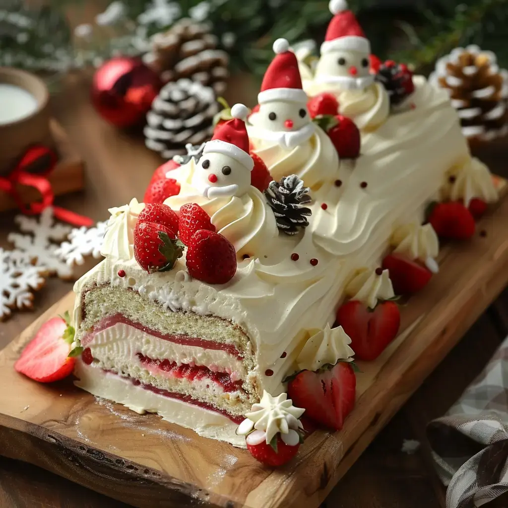 Un gâteau roulé façon japonais décore de neige et de fraises, posé sur une planche en bois, entouré de petites décos gourmandes.