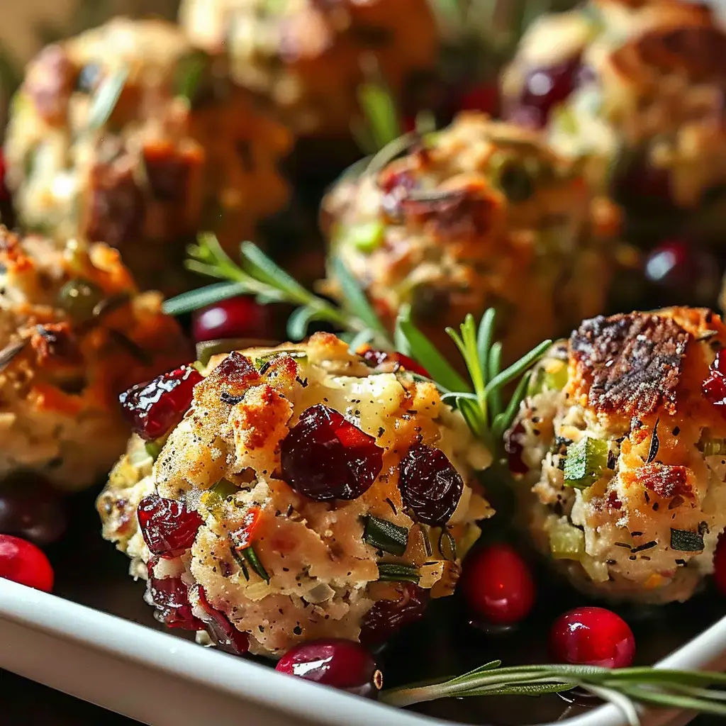 Petites boulettes dorées à la farce, canneberges et herbes toutes prêtes à grignoter.