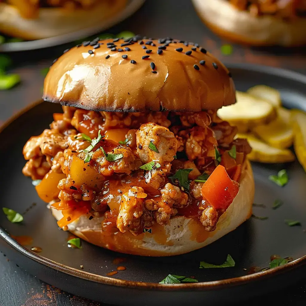 Un pain burger bien garni de poulet, légumes colorés et sauce, le tout couronné d’un dessus aux graines de sésame.