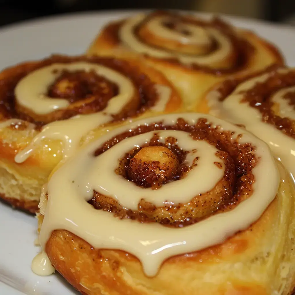 Brioches douillettes à la cannelle nappées de glaçage sur une assiette.