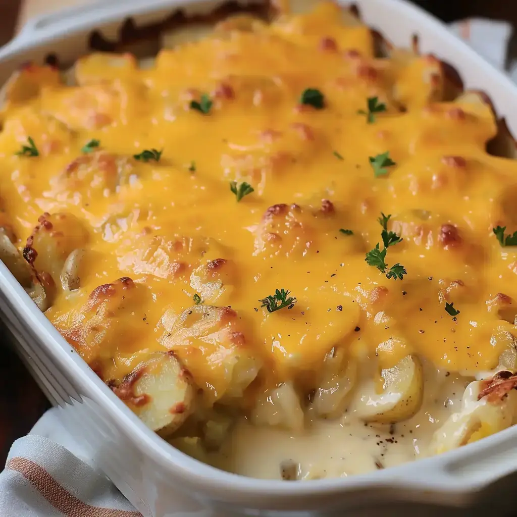 Plat gratiné de pommes de terre au cheddar avec une croûte dorée et un peu de persil.
