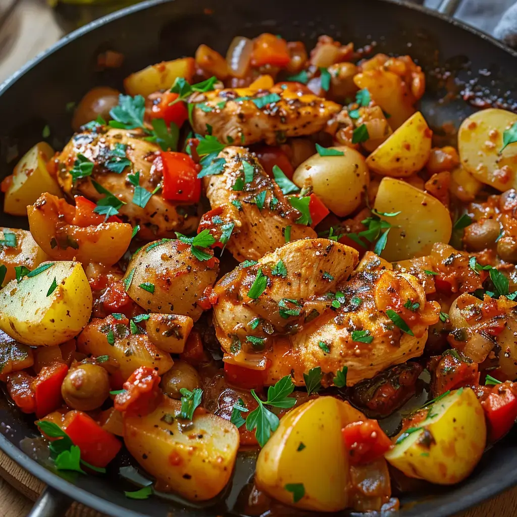Poulet doré, pommes de terre et poivrons dans une grande poêle avec des herbes fraîches.