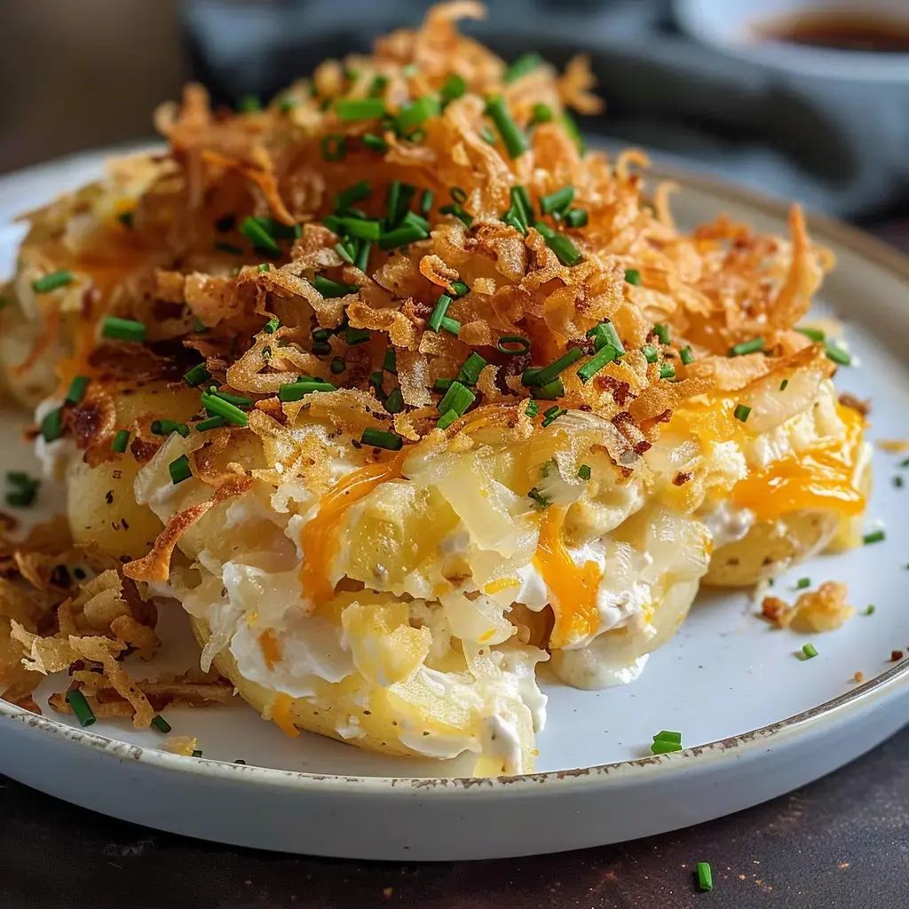 Une portion de gratin de pommes de terre avec fromage bien fondu, crème et une touche d’oignons frits et de ciboulette sur le dessus.