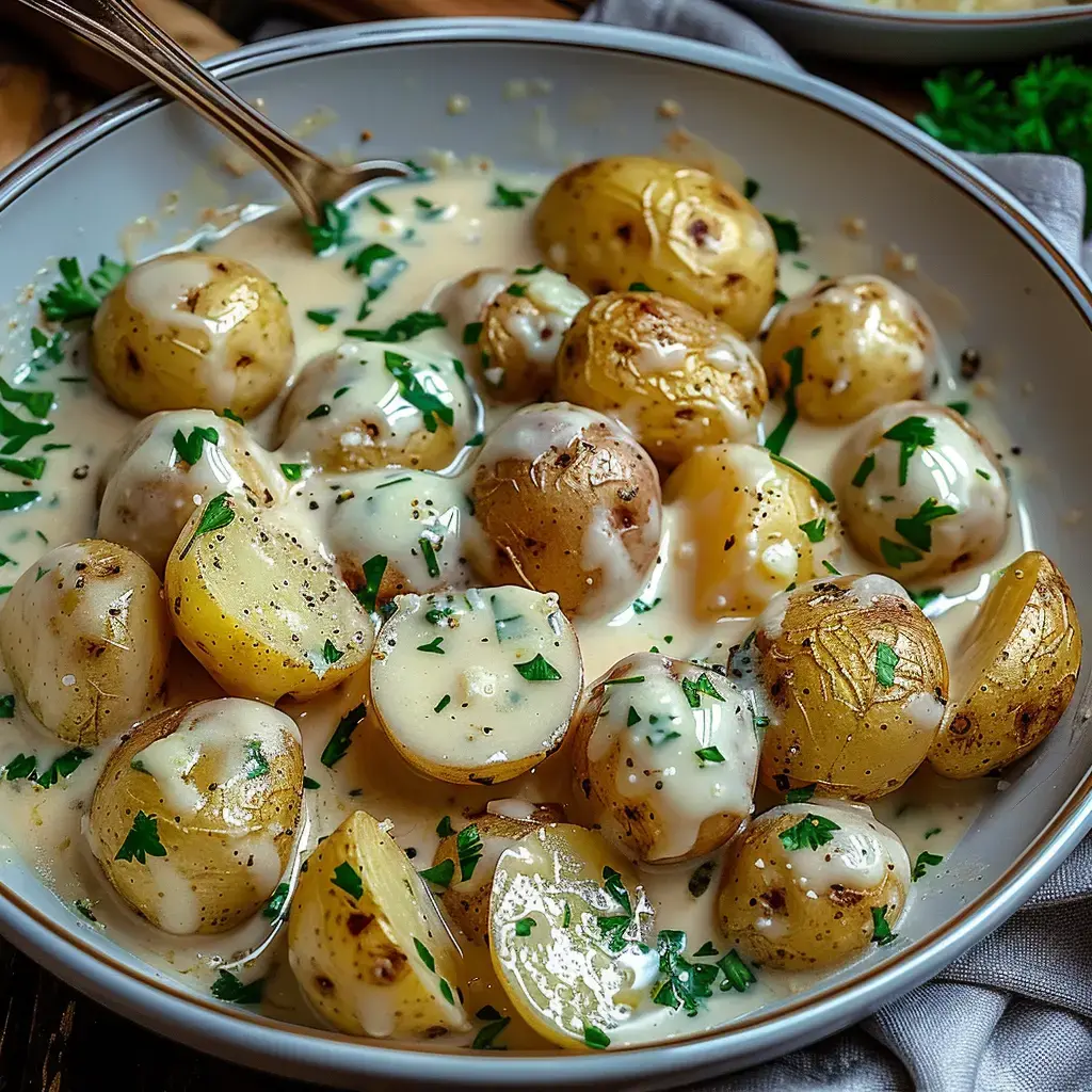 Petites pommes de terre dorées coupées, nappées d'une sauce crémeuse, avec du persil frais dessus.