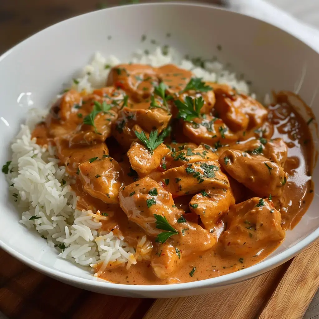 Une assiette de poulet nappé de sauce crémeuse sur du riz blanc, avec du persil frais.