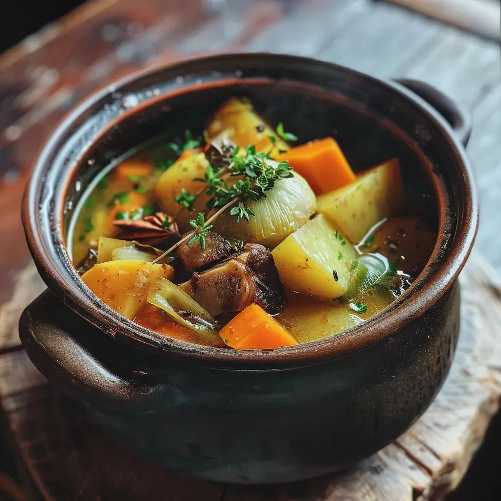 Un bol rempli d'un bouillon fumant avec viande, légumes coupés et herbes posé sur une table en bois.