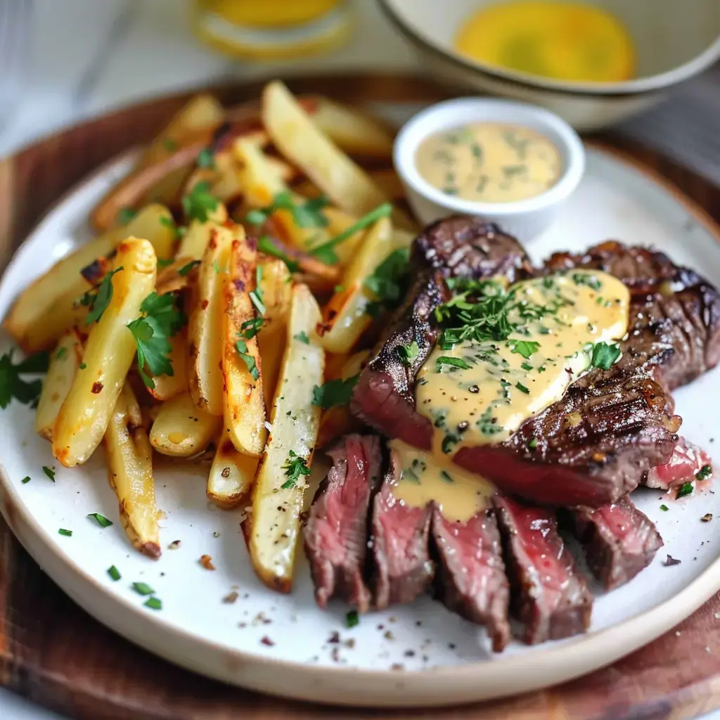 Assiette avec steak juteux, frites dorées, sauce béarnaise onctueuse et un peu de coriandre fraîche.