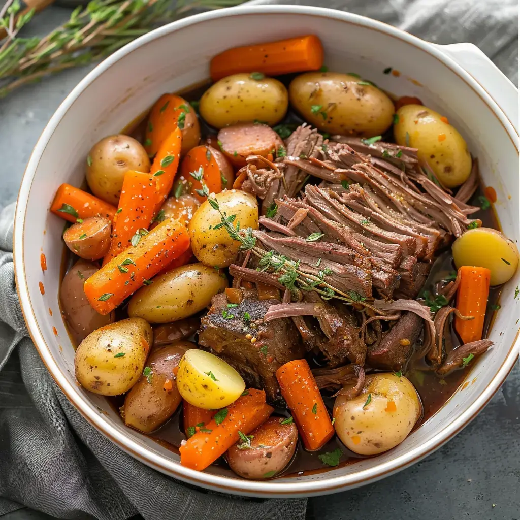 Viande mijotée entourée de carottes, patates et herbes fraîches.