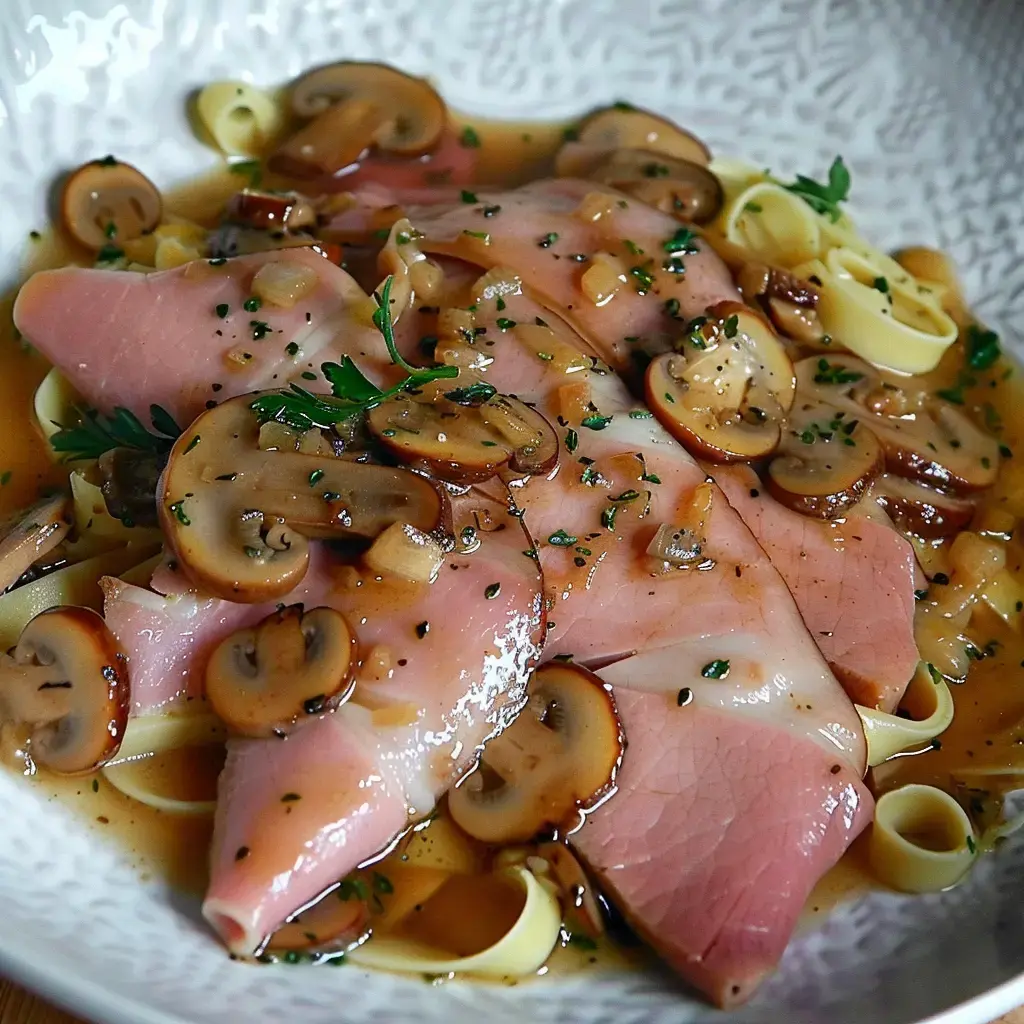 Des tagliatelles nappées de sauce brune, servies avec du jambon et plein de champignons.