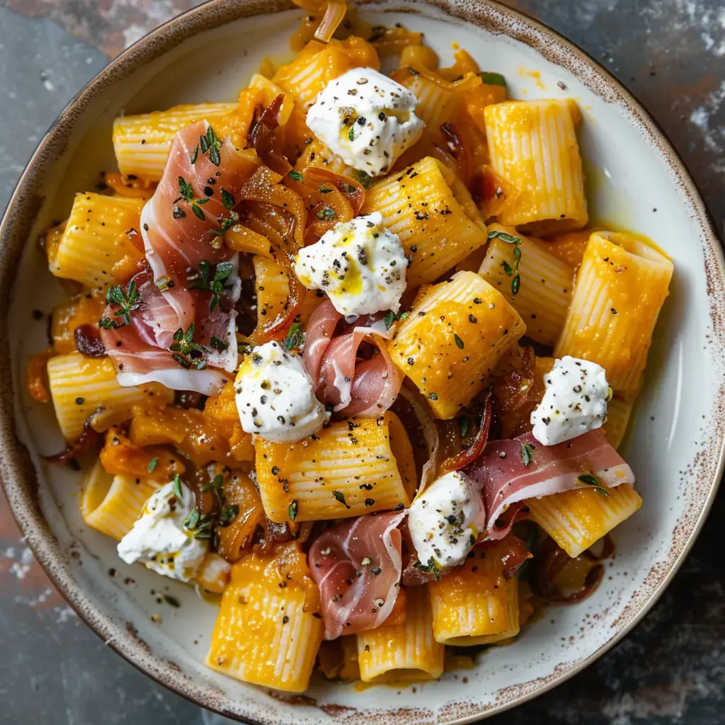 Assiette de rigatoni garnis de jambon, sauce crémeuse, oignons caramélisés et herbes fraîches.