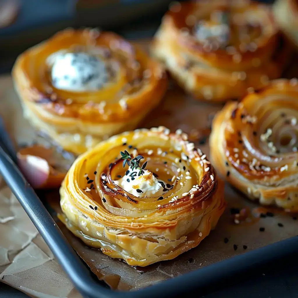 Des petits roulés en pâte feuilletée avec oignons caramélisés, crème et graines de sésame, tous alignés sur une plaque.