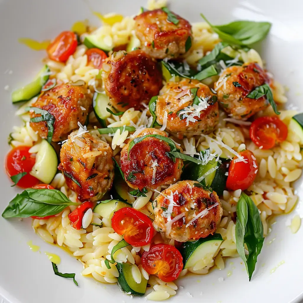 Un plat de petites pâtes avec boulettes, tomates, courgettes et basilic tout frais.