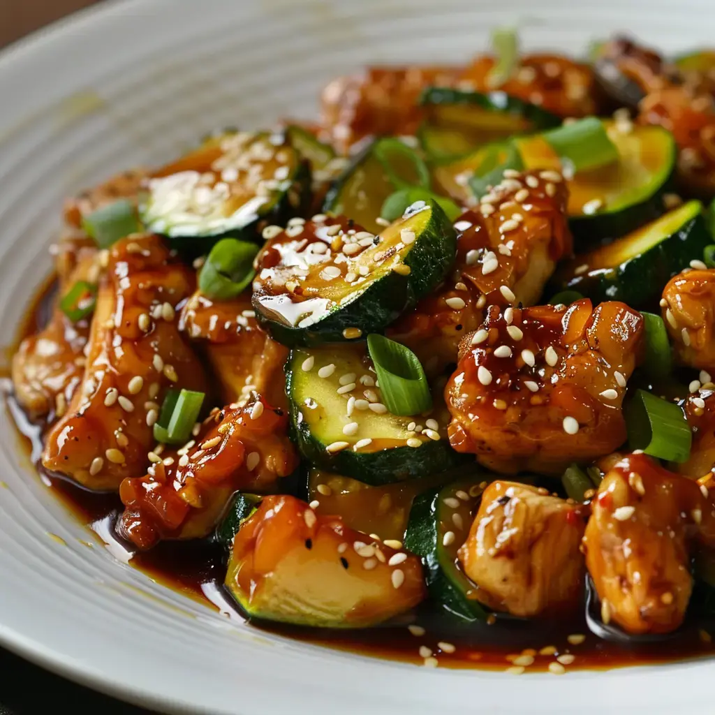 Assiette remplie de poulet sauté et courgettes avec un peu de sésame et oignon vert sur le dessus.