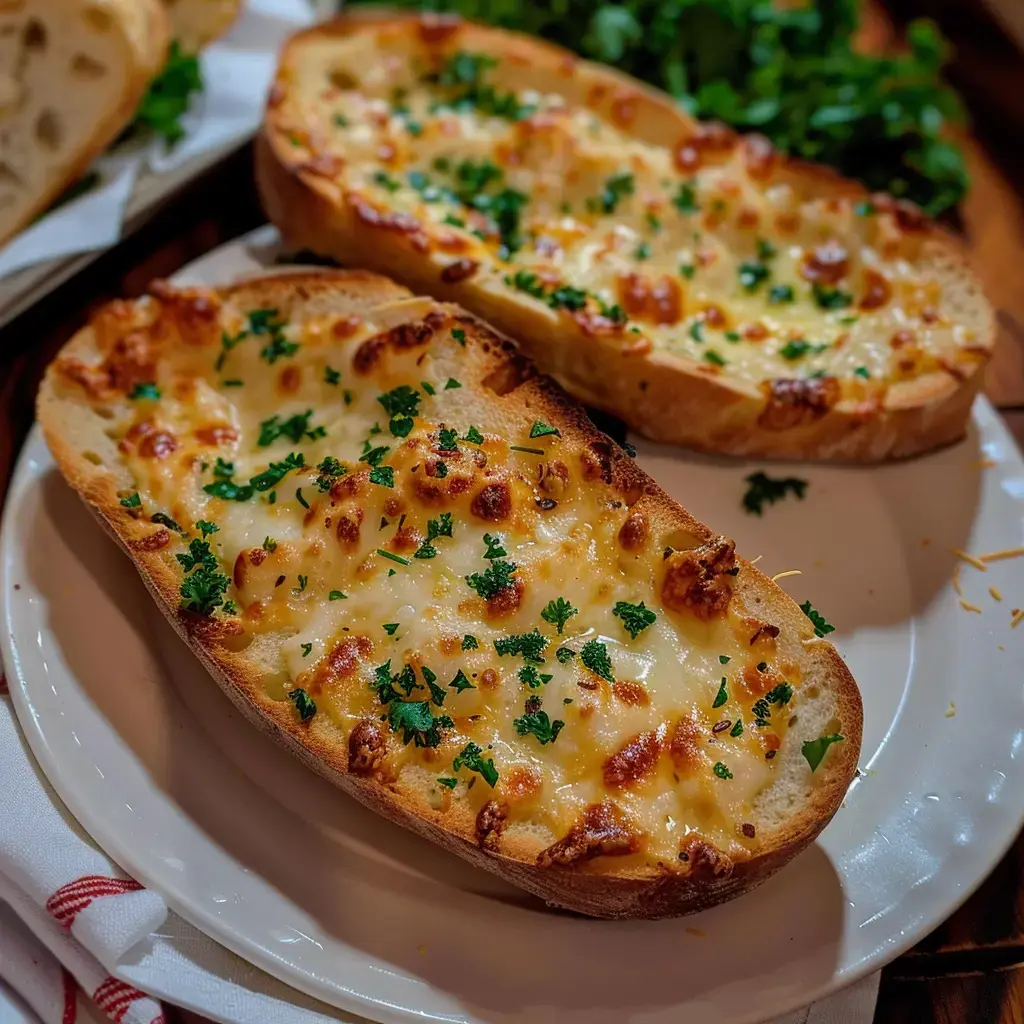 Deux tranches dorées avec fromage fondant et du persil, déposées sur une assiette.