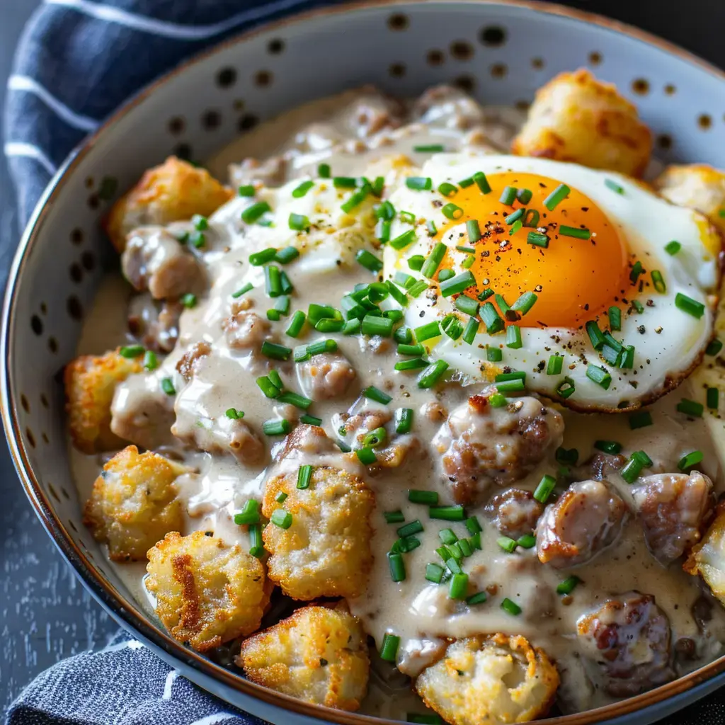 Bol garni de pommes de terre croquantes, viande, sauce crémeuse et œuf, touche de ciboulette sur le dessus.