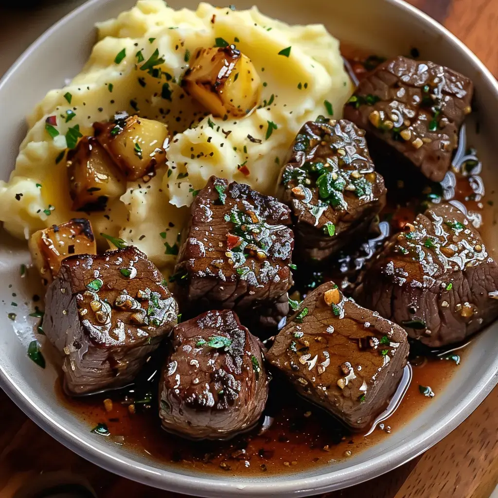 De tendres morceaux de bœuf et une purée crémeuse, le tout servi avec des pommes croquantes dorées.